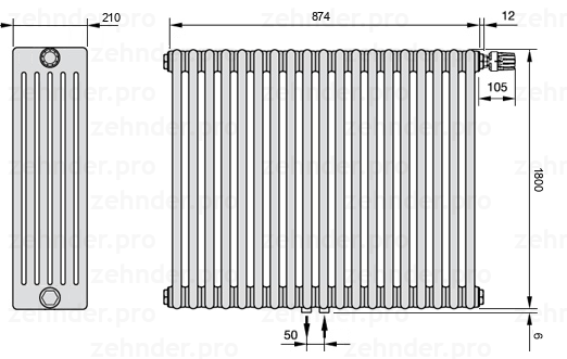 Схема (чертеж) Радиатор Zehnder Charleston 6180/19 №V008 Белый глянцевый RAL 9016